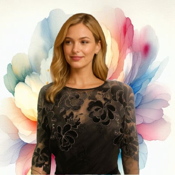 DAVID MEISTER Embroidered Sheer Mesh Overlay Long Sleeve Black Cocktail Dress - Picture 7 of 8